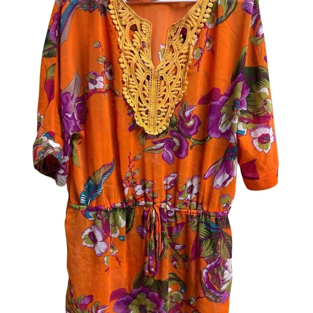 Orange Floral Crochet Neck Cover-Up Dress L Boho Vacation Resort Beach